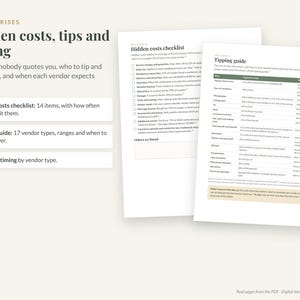 Peut inclure: Deux pages d'information blanches intitul&eacute;es Hidden costs checklist et Tipping guide. Le texte d&eacute;taille le calendrier de paiement des prestataires de mariage, les co&ucirc;ts cach&eacute;s et les suggestions de pourboires sous forme de liste.