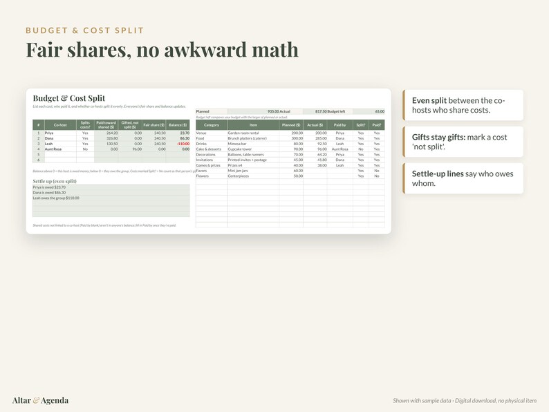 Foglio di calcolo per l'organizzazione dell'addio al nubilato, in formato Excel e Google Sheets: lista di controllo per l'organizzazione, elenco degli invitati, budget e ripartizione dei costi. immagine 5