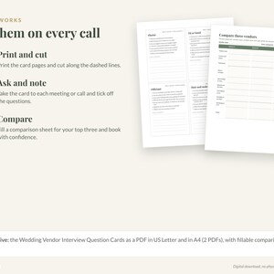 May include: A digital wedding vendor interview guide featuring instructions on how to use the cards, including print and cut steps, ask and note prompts, and a comparison sheet for three vendors, presented as a PDF in US Letter size.
