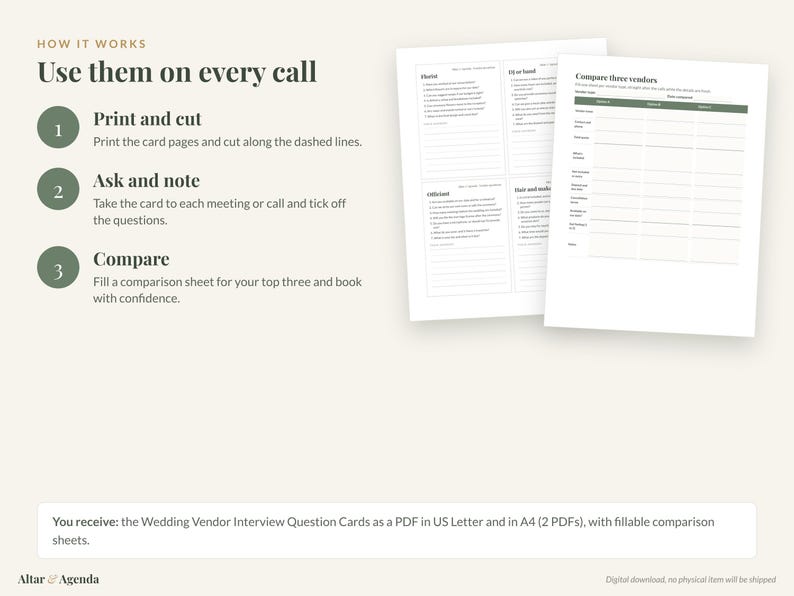 May include: A digital wedding vendor interview guide featuring instructions on how to use the cards, including print and cut steps, ask and note prompts, and a comparison sheet for three vendors, presented as a PDF in US Letter size.