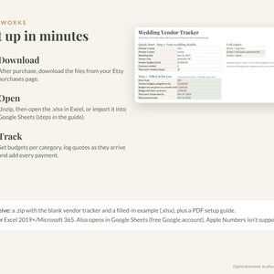 Op de afbeelding: Een digitale bruiloft leverancier tracker spreadsheet gids. De tekst luidt: How it works, Set it up in minutes, 1 Download, 2 Open, 3 Track. Bevat een voorbeeld van de tracker met velden voor bruiloftsdetails, budget en betalingsgegevens.