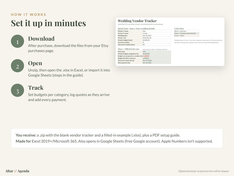 Op de afbeelding: Een digitale bruiloft leverancier tracker spreadsheet gids. De tekst luidt: How it works, Set it up in minutes, 1 Download, 2 Open, 3 Track. Bevat een voorbeeld van de tracker met velden voor bruiloftsdetails, budget en betalingsgegevens.