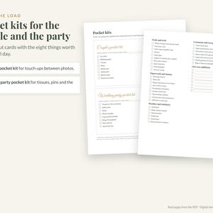 May include: Two white printable cards titled Pocket kits for the couple and the party, featuring checklists for a couple's pocket kit and a wedding party pocket kit, with additional sections for tools, tech, paperwork, money, and weather.