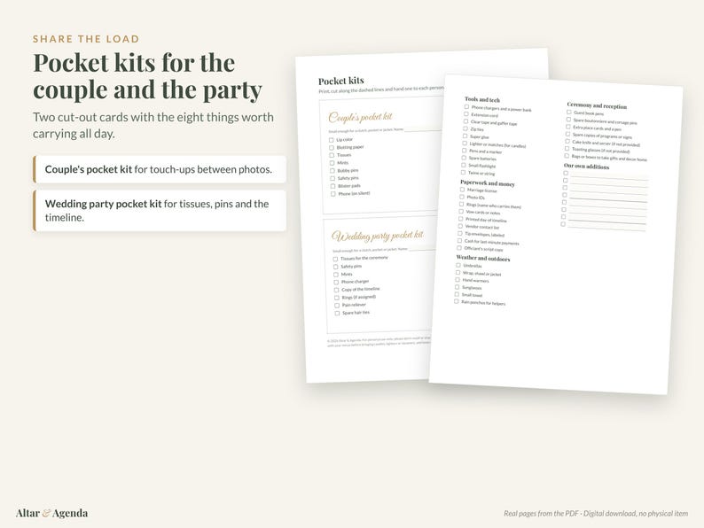 May include: Two white printable cards titled Pocket kits for the couple and the party, featuring checklists for a couple's pocket kit and a wedding party pocket kit, with additional sections for tools, tech, paperwork, money, and weather.