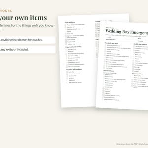 May include: Two white paper sheets featuring a Wedding Day Emergency Kit checklist with categories like Wardrobe and utility, Health and comfort, and Food and drink. The text includes Make it yours, Add your own items, and US Letter and A4 both included.