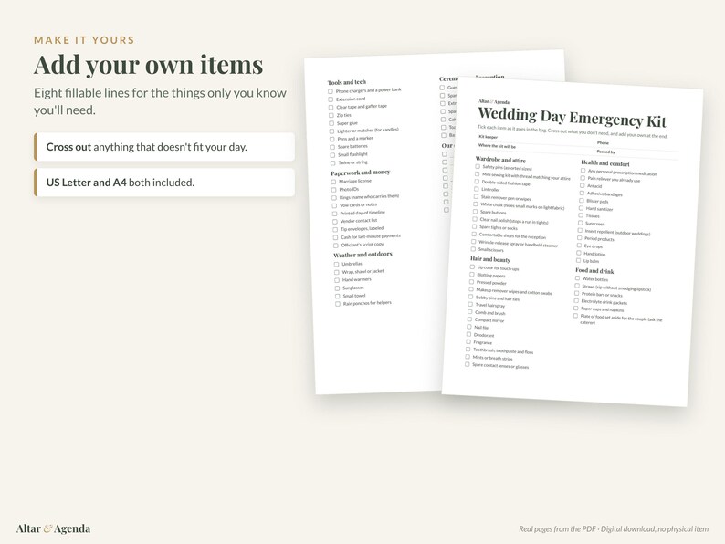 May include: Two white paper sheets featuring a Wedding Day Emergency Kit checklist with categories like Wardrobe and utility, Health and comfort, and Food and drink. The text includes Make it yours, Add your own items, and US Letter and A4 both included.