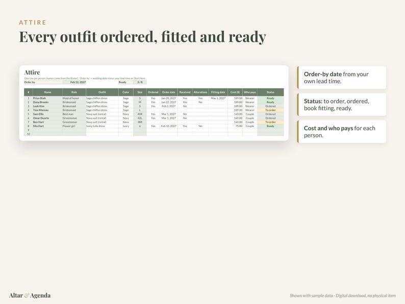 Wedding Party Organizer Spreadsheet, Excel & Google Sheets: Bridesmaid Planner, Attire, Hair and Makeup Schedule image 5