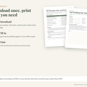 May include: A digital download instruction graphic titled How it works, Download once, print what you need. It lists three steps: Download, Fill in, and Print. Two sample pages are shown: The Printables Pack and Our Wedding Day Timeline.