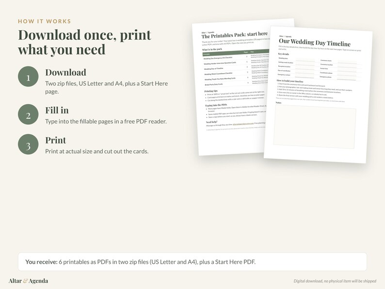 May include: A digital download instruction graphic titled How it works, Download once, print what you need. It lists three steps: Download, Fill in, and Print. Two sample pages are shown: The Printables Pack and Our Wedding Day Timeline.