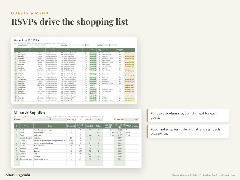 Foglio di calcolo per l'organizzazione dell'addio al nubilato, in formato Excel e Google Sheets: lista di controllo per l'organizzazione, elenco degli invitati, budget e ripartizione dei costi. immagine 6