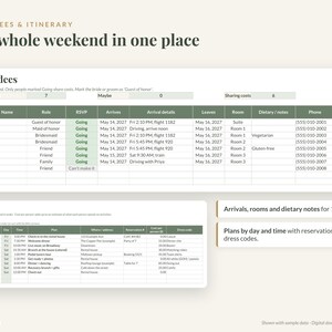 May include: A digital planner template titled Attendees & Itinerary: The whole weekend in one place. It features two tables with columns for names, roles, arrival details, room assignments, dietary notes, phone numbers, and a detailed weekend schedule.