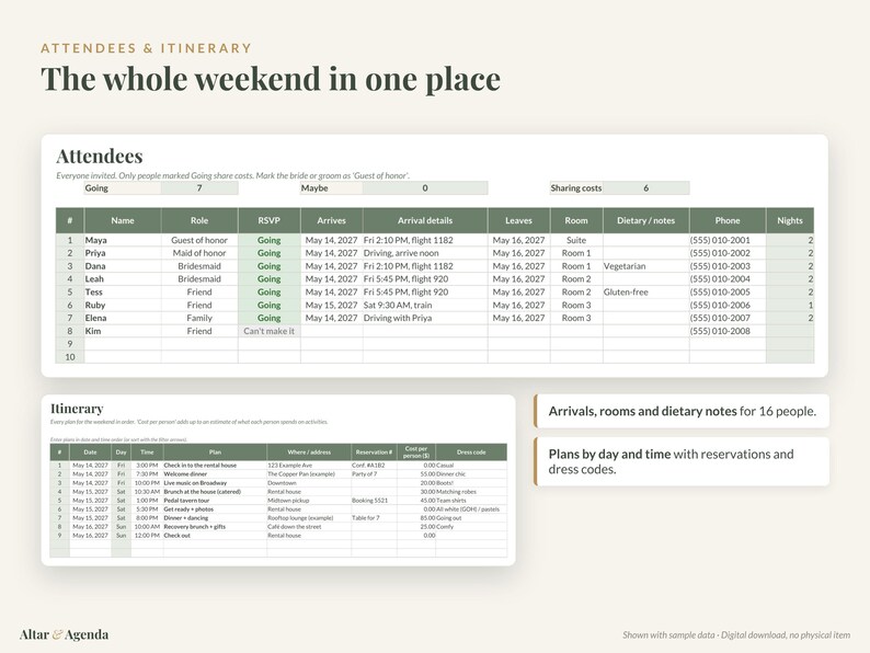 May include: A digital planner template titled Attendees & Itinerary: The whole weekend in one place. It features two tables with columns for names, roles, arrival details, room assignments, dietary notes, phone numbers, and a detailed weekend schedule.