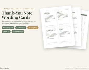 Wedding Thank You Card Wording, Printable Note Templates & Fillable Gift Log PDF