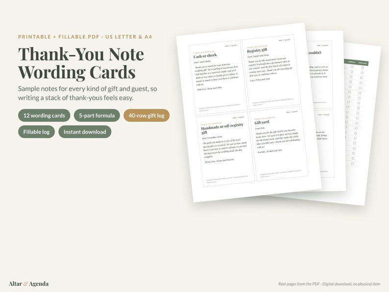 Wedding Thank You Card Wording, Printable Note Templates & Fillable Gift Log PDF image 1