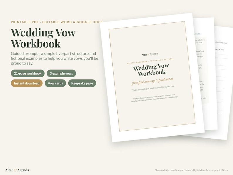 Wedding Vow Template & Writing Workbook, Printable + Editable: Prompts, Examples, Cards, Keepsake Page Bild 1