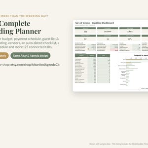 Puede incluir: Un panel digital de planificaci&oacute;n de bodas titulado Alex & Jordan - Wedding Dashboard, que muestra datos de presupuesto, lista de invitados y lista de verificaci&oacute;n. El texto dice Planning More Than The Wedding Day? The Complete Wedding Planner.