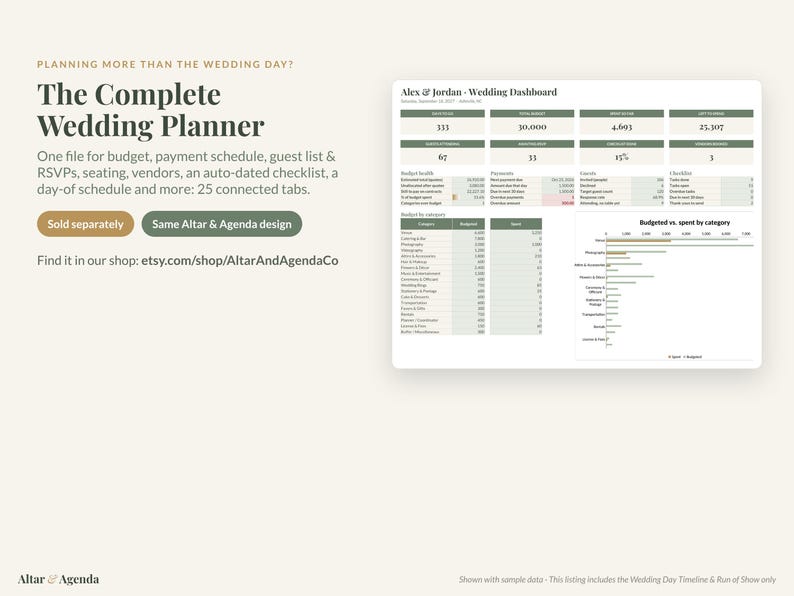Puede incluir: Un panel digital de planificaci&oacute;n de bodas titulado Alex & Jordan - Wedding Dashboard, que muestra datos de presupuesto, lista de invitados y lista de verificaci&oacute;n. El texto dice Planning More Than The Wedding Day? The Complete Wedding Planner.