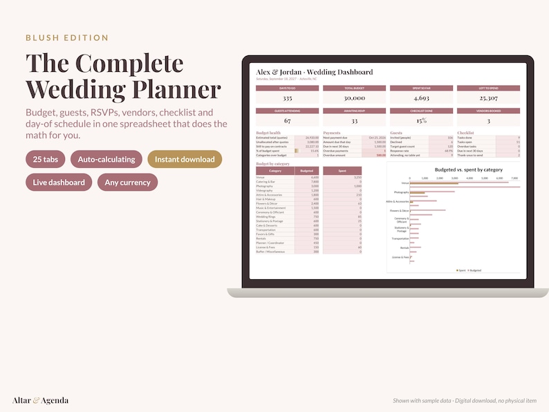 Pink Wedding Planner Spreadsheet, Blush Excel & Google Sheets: Budget, Guest List, Seating Chart, Checklist immagine 1
