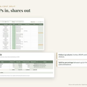 May include: A digital spreadsheet template titled Guests & Cost Split with sections for a Guest List and Cost Split. The tables feature green headers and white rows, tracking RSVP status, meal choices, host shares, and payment balances.