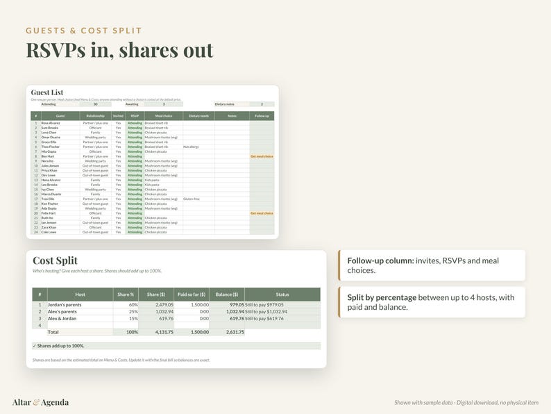 May include: A digital spreadsheet template titled Guests & Cost Split with sections for a Guest List and Cost Split. The tables feature green headers and white rows, tracking RSVP status, meal choices, host shares, and payment balances.