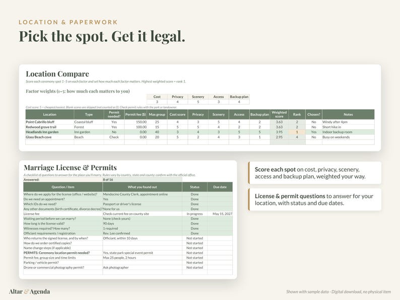 Planificador de fugas románticas (hoja de cálculo, Excel y Google Sheets): lista de verificación, presupuesto, cronograma, licencia de matrimonio. imagen 4