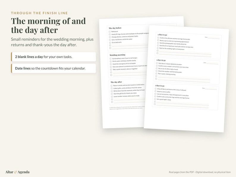 May include: Two white paper wedding planning checklists titled Through the Finish Line: The morning of and the day after. The pages feature checkboxes and lines for tasks, including sections for days before, wedding morning, and the day after.