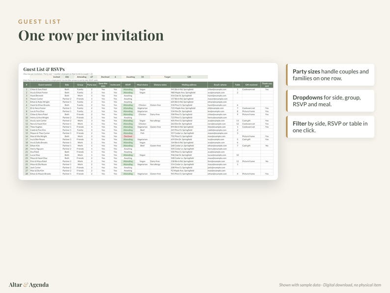 Wedding Guest List Template, RSVP Tracker Spreadsheet for Excel & Google Sheets, Seating Chart, Meal Count, Address List, Guest Tracker image 3