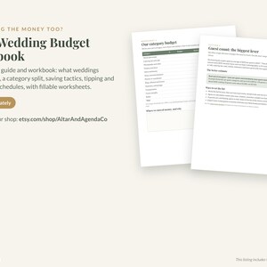 May include: A 35-page wedding budget guide and workbook titled The Wedding Budget Playbook. The document features sections on category budgets and guest count planning, with fillable worksheets and text detailing wedding costs and payment schedules.