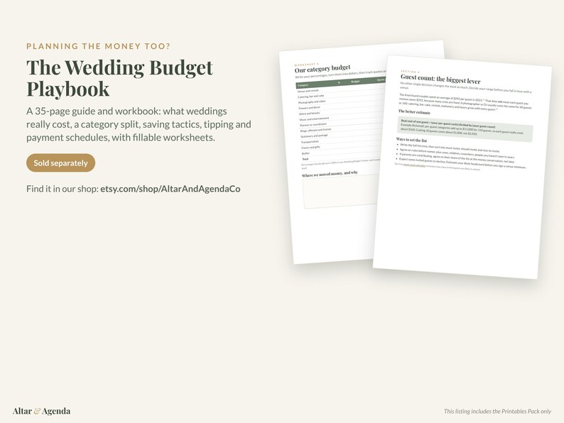 May include: A 35-page wedding budget guide and workbook titled The Wedding Budget Playbook. The document features sections on category budgets and guest count planning, with fillable worksheets and text detailing wedding costs and payment schedules.