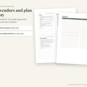 May include: A wedding planning document set featuring the text BEFORE THE WEDDING, Pick vendors and plan the day, Question cards for 12 vendor types, and a fillable hour-by-hour timeline. Includes sections for Venue, Videographer, and a Timeline.