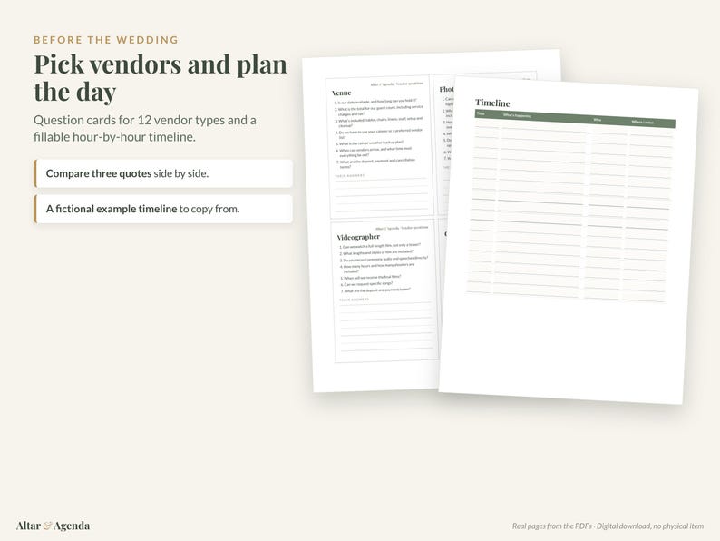 May include: A wedding planning document set featuring the text BEFORE THE WEDDING, Pick vendors and plan the day, Question cards for 12 vendor types, and a fillable hour-by-hour timeline. Includes sections for Venue, Videographer, and a Timeline.