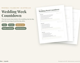Wedding Week Countdown Checklist, Printable & Fillable PDF, Last Week Before Wedding To Do List