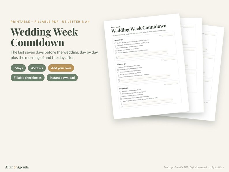 May include: A printable and fillable PDF wedding week countdown planner with US letter and A4 sizing. The document features a checklist for the final seven days before the wedding, including the morning of and the day after, with 45 tasks.