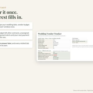 Op de afbeelding: Een digitaal spreadsheet voor het bijhouden van trouwleveranciers met instructies. De tekst luidt Quick Start, Enter it once. The rest fills in. Het bevat stappen voor het invoeren van trouwgegevens en een tabel met berekende budgetgegevens.