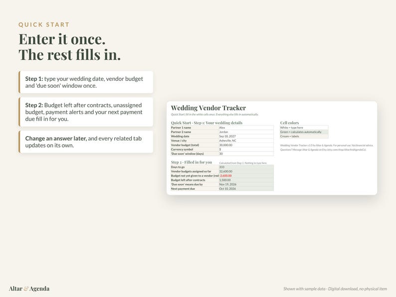 Op de afbeelding: Een digitaal spreadsheet voor het bijhouden van trouwleveranciers met instructies. De tekst luidt Quick Start, Enter it once. The rest fills in. Het bevat stappen voor het invoeren van trouwgegevens en een tabel met berekende budgetgegevens.