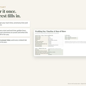 Puede incluir: Una plantilla digital de cronograma y desarrollo de d&iacute;a de boda con gu&iacute;a de inicio r&aacute;pido. El texto dice: Quick Start, Enter it once. The rest fills in. Step 1, Step 2, Change an answer later, y Wedding Day Timeline & Run of Show.