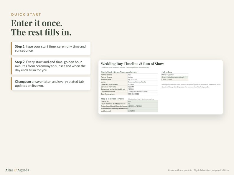 Puede incluir: Una plantilla digital de cronograma y desarrollo de d&iacute;a de boda con gu&iacute;a de inicio r&aacute;pido. El texto dice: Quick Start, Enter it once. The rest fills in. Step 1, Step 2, Change an answer later, y Wedding Day Timeline & Run of Show.