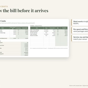 May include: A digital spreadsheet template titled Menu & Costs: Know the bill before it arrives. It features tables for meal choices, drinks, extras, and fees, with columns for price, quantity, and subtotal, plus an estimated total summary.