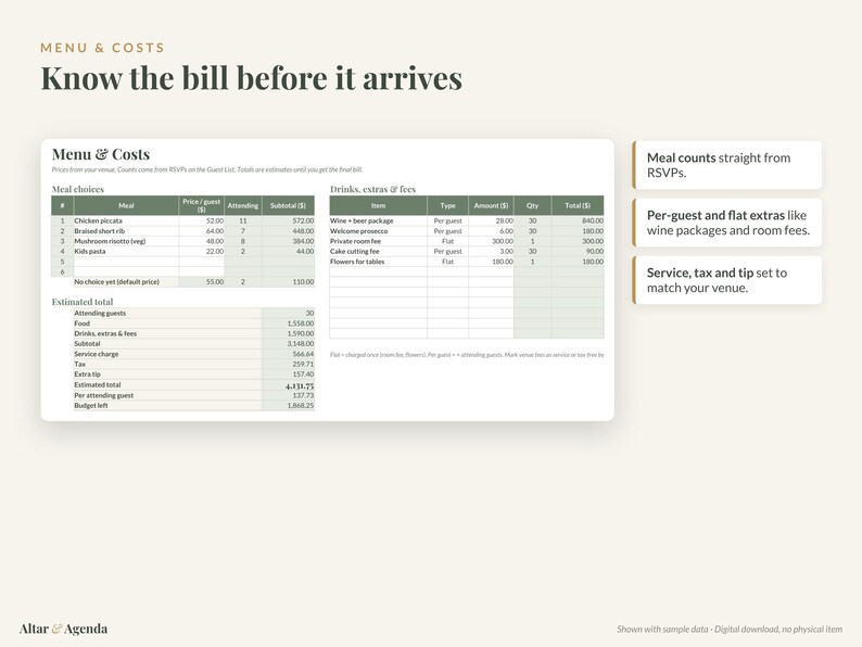 May include: A digital spreadsheet template titled Menu & Costs: Know the bill before it arrives. It features tables for meal choices, drinks, extras, and fees, with columns for price, quantity, and subtotal, plus an estimated total summary.