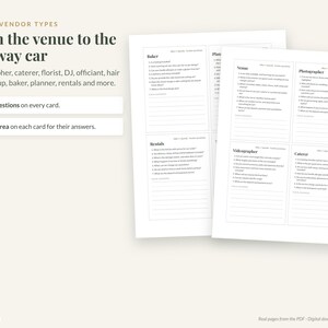May include: A set of white printable cards titled Twelve Vendor Types: From the venue to the getaway car. Each card features seven questions for vendors like photographers, caterers, and planners, with a lined notes area for written answers.