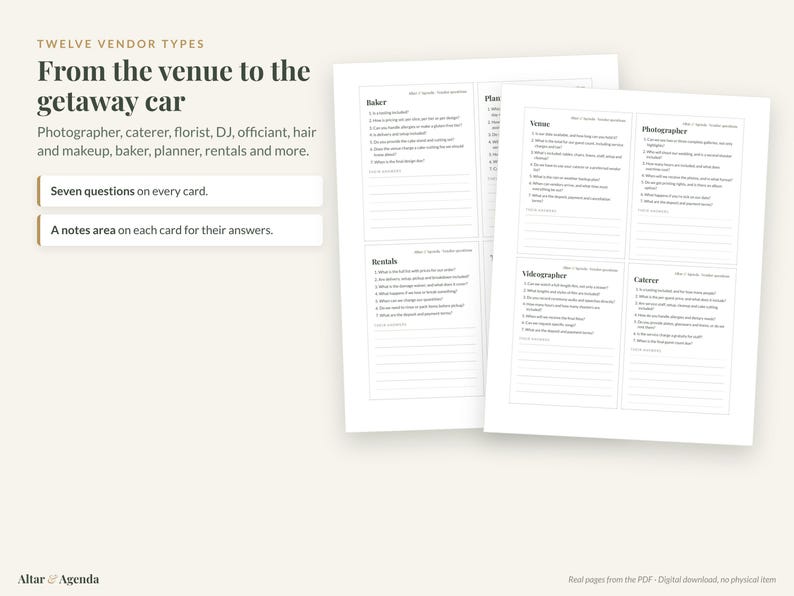 May include: A set of white printable cards titled Twelve Vendor Types: From the venue to the getaway car. Each card features seven questions for vendors like photographers, caterers, and planners, with a lined notes area for written answers.