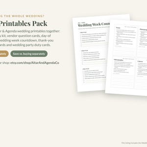 May include: A digital wedding planning printable pack featuring six documents including an emergency kit, vendor question cards, day-of timeline, wedding week countdown, thank-you cards, and wedding party duty cards with text on white paper.