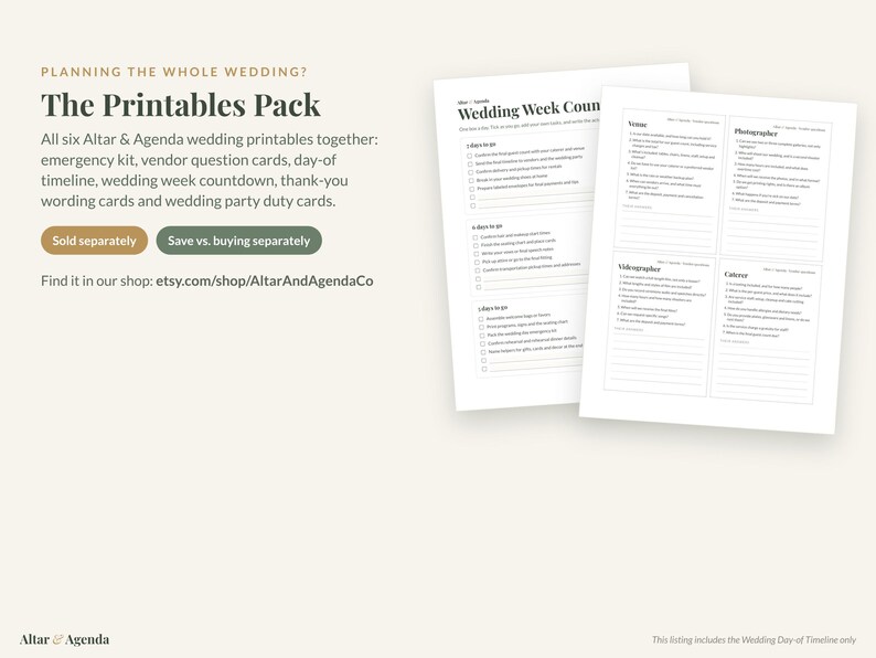 May include: A digital wedding planning printable pack featuring six documents including an emergency kit, vendor question cards, day-of timeline, wedding week countdown, thank-you cards, and wedding party duty cards with text on white paper.