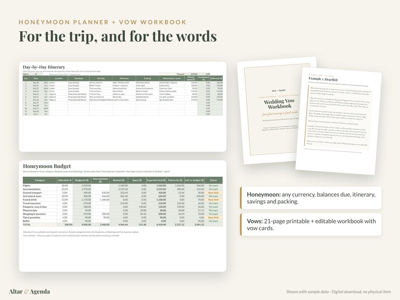 Wedding Planner Bundle: Planner Spreadsheet, Budget Tracker, Guest List, Honeymoon Planner, Vow Workbook image 6