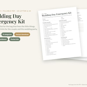 May include: A printable and fillable PDF Wedding Day Emergency Kit checklist with 77 items across 8 categories. The document includes sections for wardrobe, hair, beauty, health, comfort, food, and drink, formatted for US Letter and A4 paper sizes.