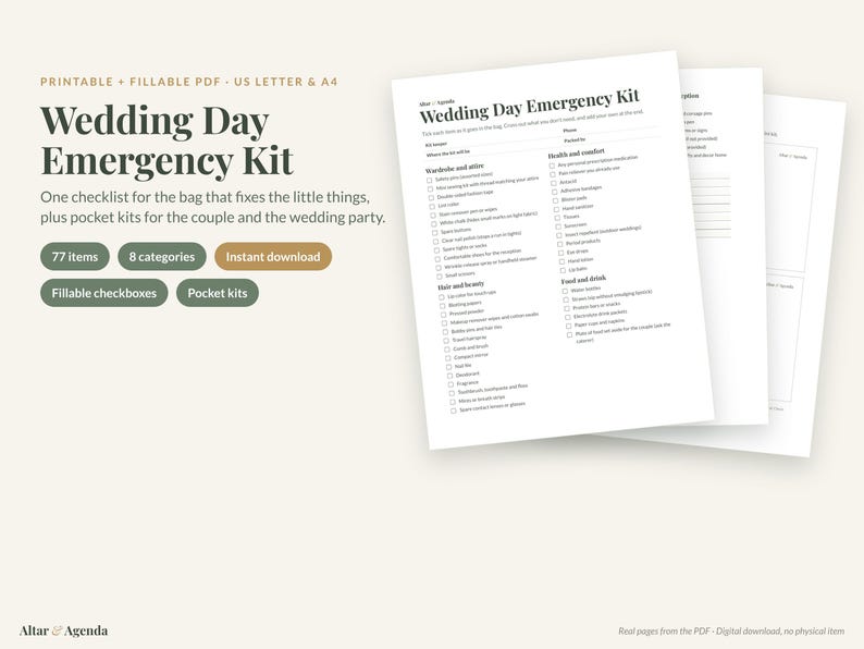 May include: A printable and fillable PDF Wedding Day Emergency Kit checklist with 77 items across 8 categories. The document includes sections for wardrobe, hair, beauty, health, comfort, food, and drink, formatted for US Letter and A4 paper sizes.