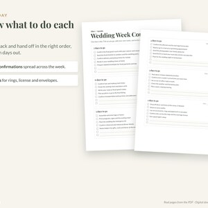 May include: Two white paper sheets featuring a Wedding Week Countdown checklist with checkboxes and lines for notes. The text includes Day By Day, Know what to do each day, and specific tasks like Vendor confirmations and Hand-offs for rings.