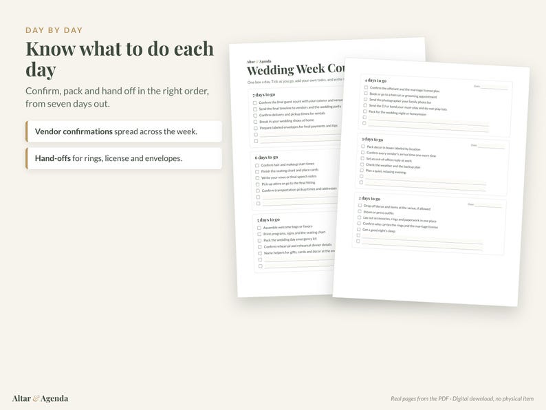 May include: Two white paper sheets featuring a Wedding Week Countdown checklist with checkboxes and lines for notes. The text includes Day By Day, Know what to do each day, and specific tasks like Vendor confirmations and Hand-offs for rings.