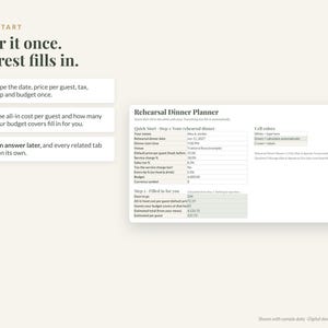 May include: A digital rehearsal dinner planner spreadsheet template featuring a Quick Start guide. The interface includes input fields for event details, budget, and guest counts, with automated calculations displayed in green cells.