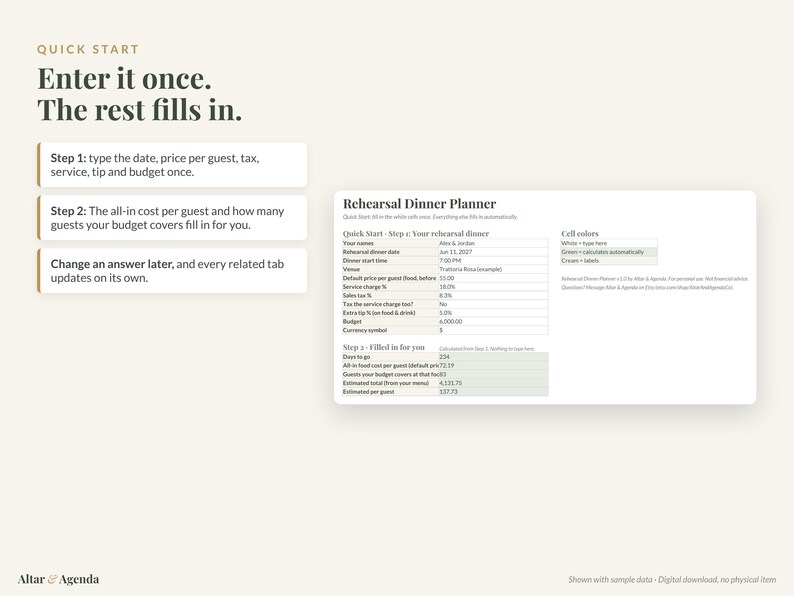 May include: A digital rehearsal dinner planner spreadsheet template featuring a Quick Start guide. The interface includes input fields for event details, budget, and guest counts, with automated calculations displayed in green cells.